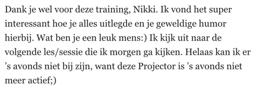 Klantbericht 073, reacties op lessen en trainingen
